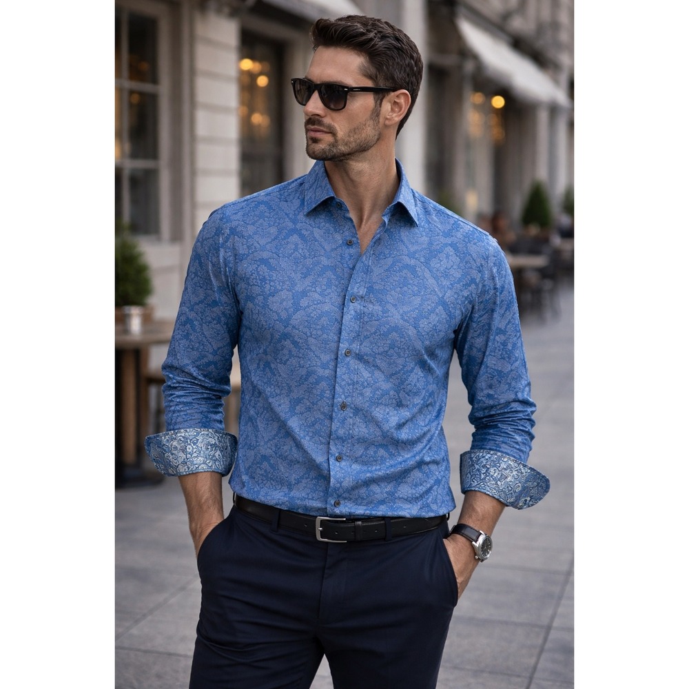 Robert Graham XL Blue Jacquard Floral Shirt Flip Cuff‎ Paisley Buttoni